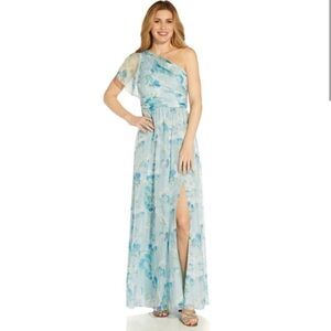 NWT ADRIANNA PAPELL FLORAL PRINT ONE SHOULDER EVENING DRESS BLUE GREEN SIZE 8